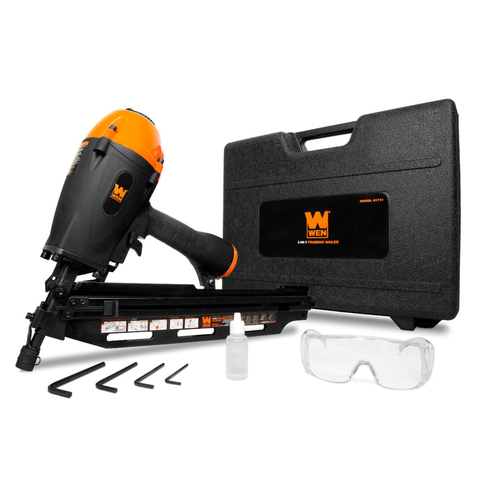 WEN 61731 3-in-1 Pneumatic 21-Degree, 28-Degree and 34-Degree Framing Nailer with Carrying Case