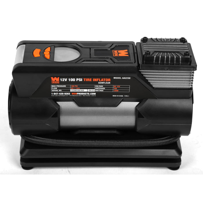 WEN AA2230 12V 100 PSI 1.25 CFM Portable Air Compressor and Tire Inflator with Carrying Case