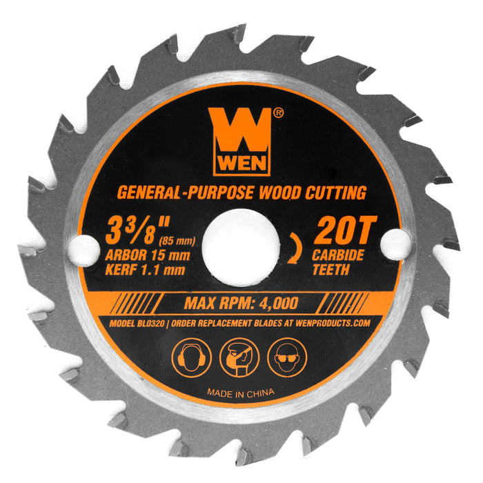 WEN BL0320 3-3/8-Inch 20-Tooth Professional Woodworking Saw Blade for Compact and Mini Circular Saws