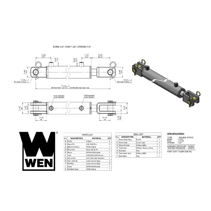 WEN CC2004 Clevis Hydraulic Cylinder with 2-inch Bore and 4-inch Stroke