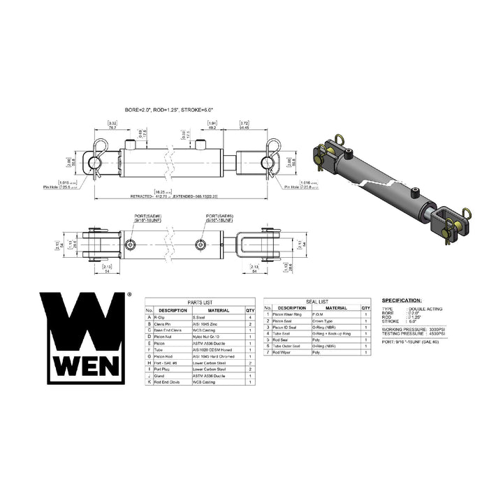 WEN CC2006 Clevis Hydraulic Cylinder with 2-inch Bore and 6-inch Stroke