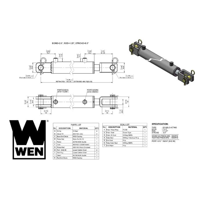 WEN CC2008 Clevis Hydraulic Cylinder with 2-inch Bore and 8-inch Stroke