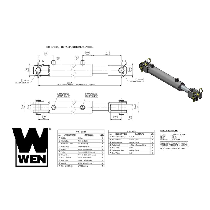 WEN CC2008A Clevis ASAE Hydraulic Cylinder with 2-inch Bore and 8-inch Stroke