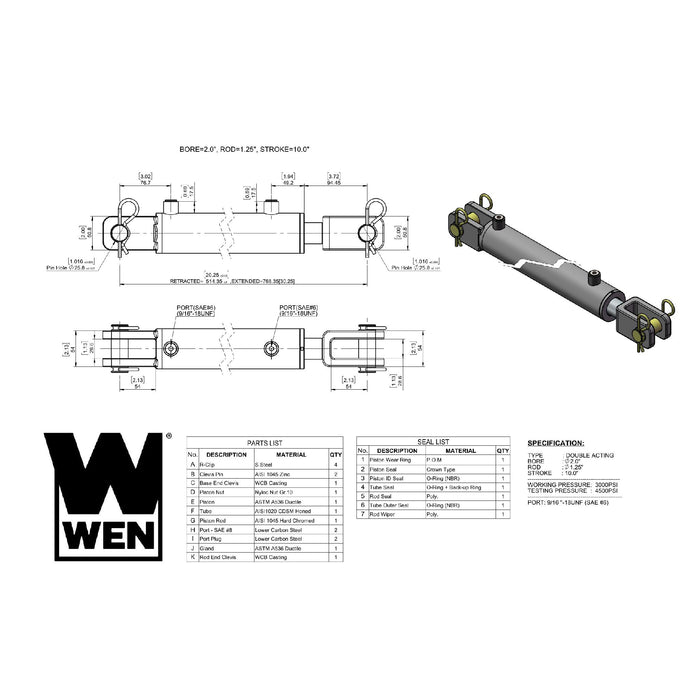 WEN CC2010 Clevis Hydraulic Cylinder with 2-inch Bore and 10-inch Stroke