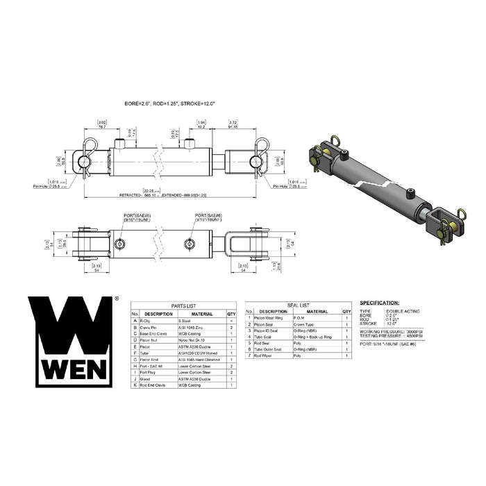 WEN CC2012 Clevis Hydraulic Cylinder with 2-inch Bore and 12-inch Stroke