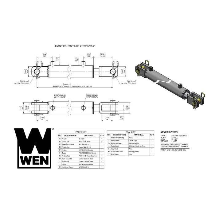 WEN CC2016 Clevis Hydraulic Cylinder with 2-inch Bore and 16-inch Stroke