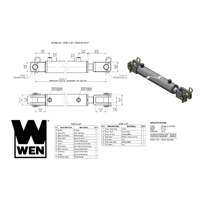 WEN CC2030 Clevis Hydraulic Cylinder with 2-inch Bore and 30-inch Stroke