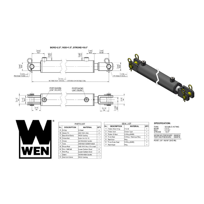 WEN CC2510 Clevis Hydraulic Cylinder with 2.5-inch Bore and 10-inch Stroke