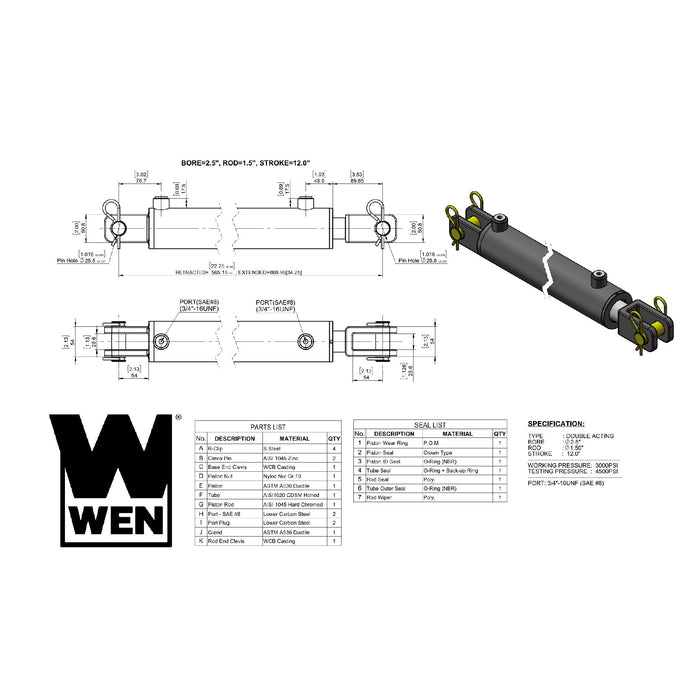 WEN CC2512 Clevis Hydraulic Cylinder with 2.5-inch Bore and 12-inch Stroke