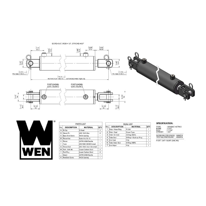 WEN CC3008 Clevis Hydraulic Cylinder with 3-inch Bore and 8-inch Stroke