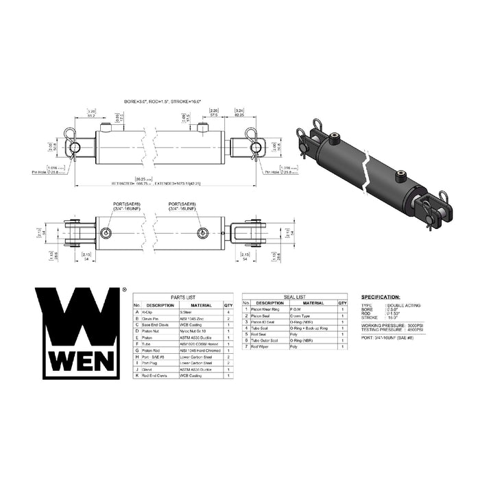 WEN CC3016 Clevis Hydraulic Cylinder with 3-inch Bore and 16-inch Stroke