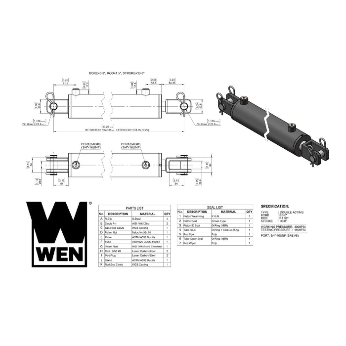 WEN CC3030 Clevis Hydraulic Cylinder with 3-inch Bore and 30-inch Stroke