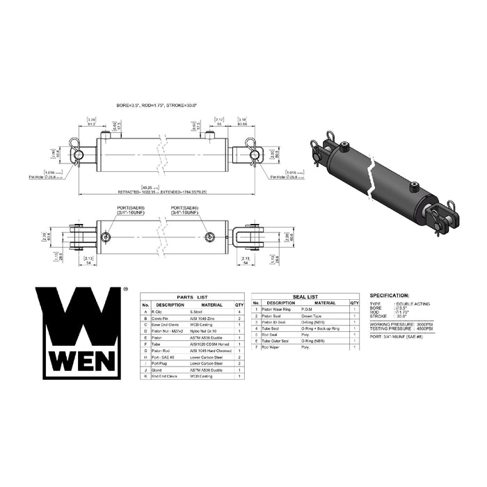 WEN CC3530 Clevis Hydraulic Cylinder with 3.5-inch Bore and 30-inch Stroke