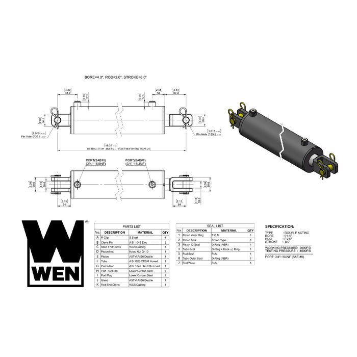 WEN CC4008 Clevis Hydraulic Cylinder with 4-inch Bore and 8-inch Stroke