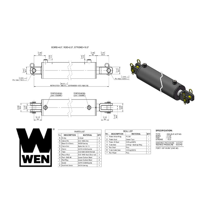 WEN CC4016 Clevis Hydraulic Cylinder with 4-inch Bore and 16-inch Stroke