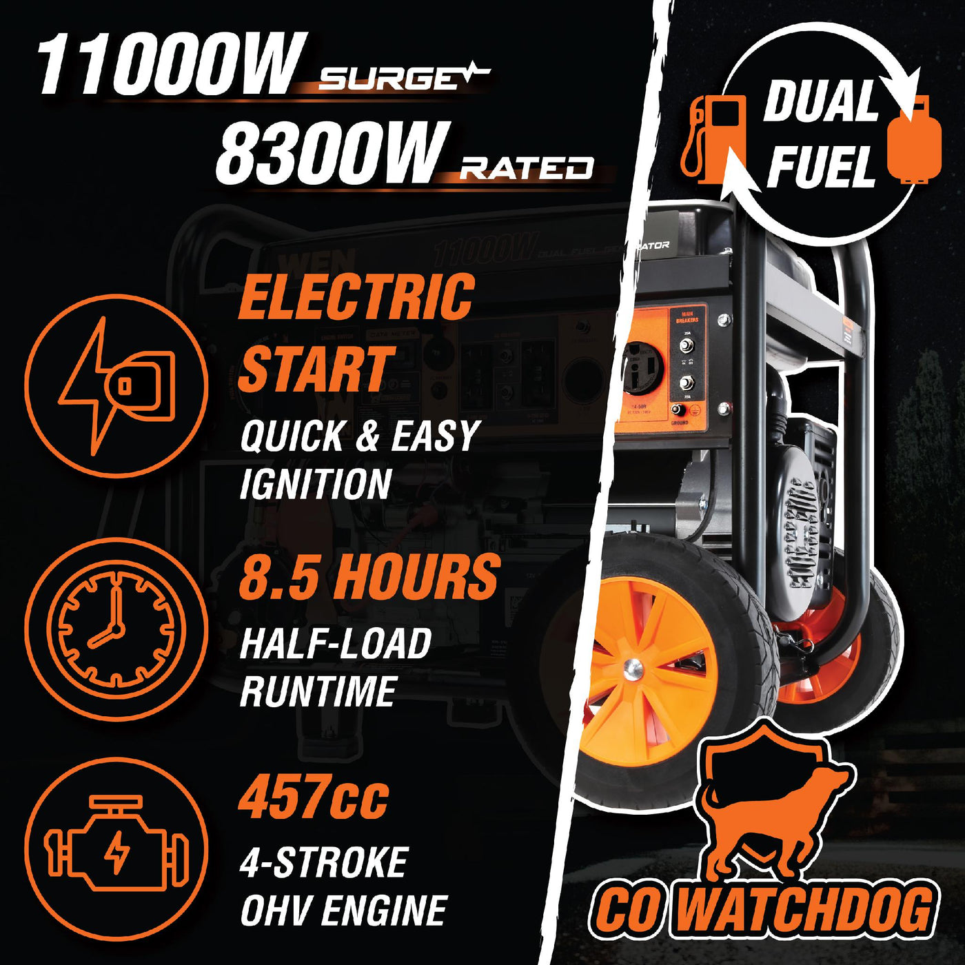 WEN DF1100X 11,000-Watt 120V/240V Dual Fuel Portable Generator with Wh ...