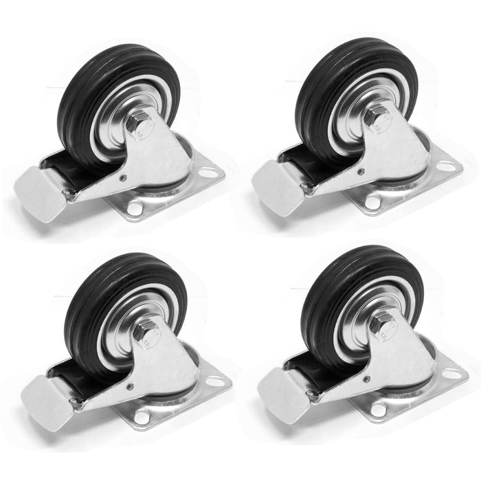 WEN CA5113B 3-Inch 110-Pound Capacity Roller-Bearing Rubber Swivel Plate Caster with Brake (4-Pack)
