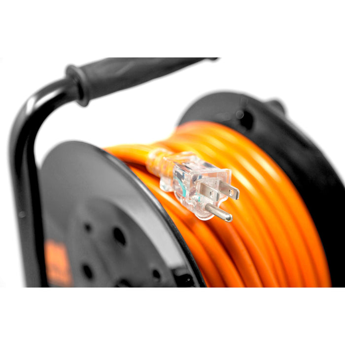 WEN PC5043R 50 ft. 14-Gauge Heavy-Duty SJTW Outdoor 14/3 Extension Cord Reel with NEMA 5-15R Light-Up Power Outlet