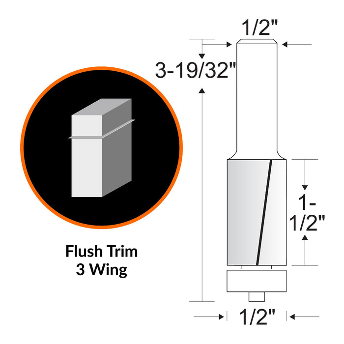 WEN RB502FW 1/2 in. Flush Trim 3-Wing Carbide-Tipped Router Bit with 1/2 in. Shank