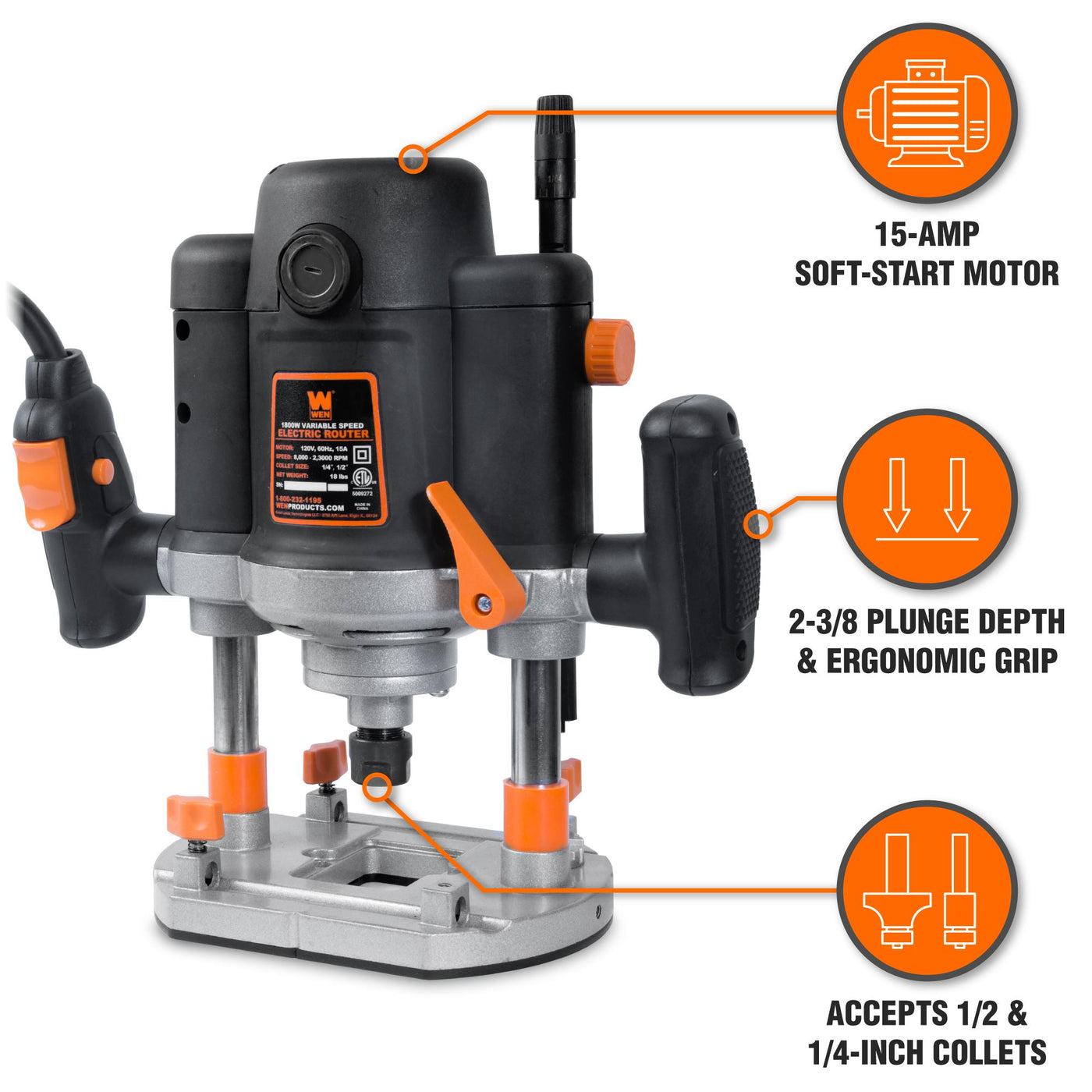 WEN RT6033 15-Amp Variable Speed Plunge Woodworking Router Kit with Ca ...
