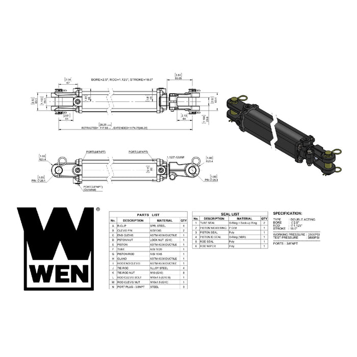 WEN TR2518 2500 PSI Tie Rod Hydraulic Cylinder with 2.5 in. Bore and 18 in. Stroke