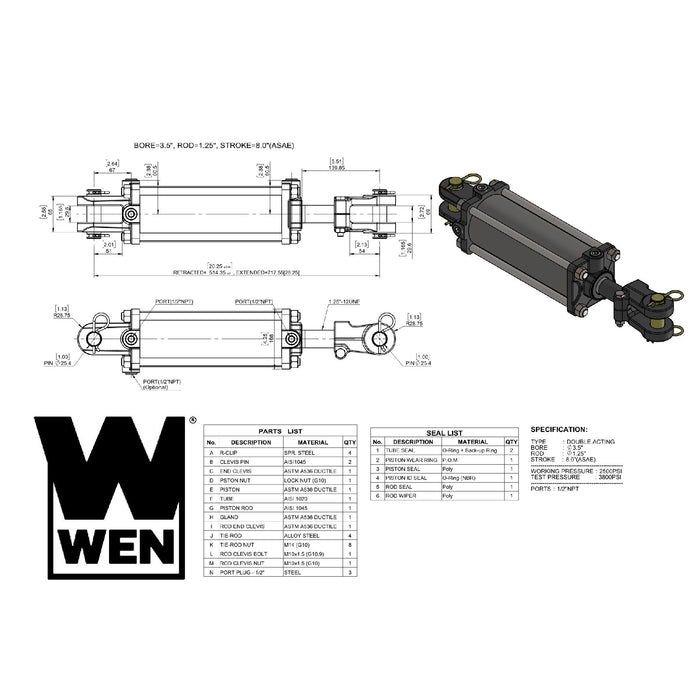 WEN TR3508A 2500 PSI ASAE Tie Rod Hydraulic Cylinder with 3.5 in. Bore and 8 in. Stroke