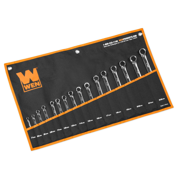 WEN WR160M 16-Piece Professional-Grade Metric Combination Wrench Set with Storage Pouch