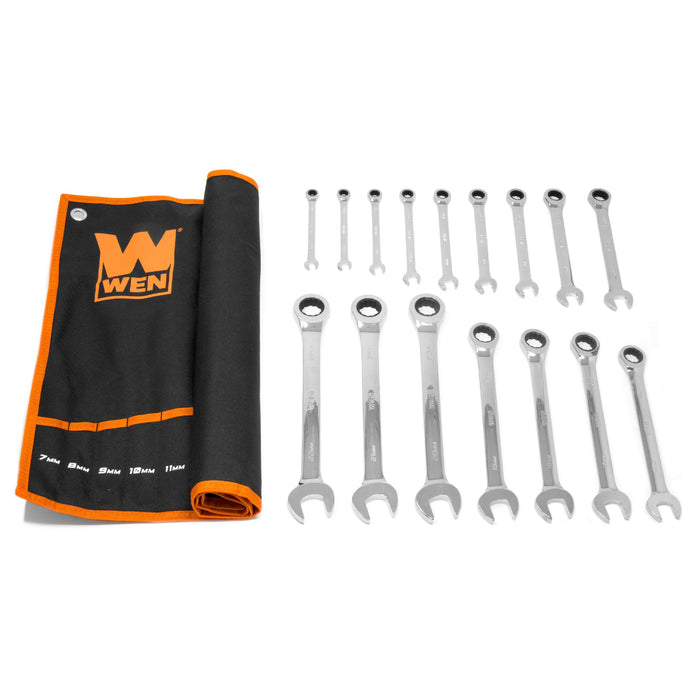 WEN WR161M 16-Piece Professional-Grade Ratcheting Metric Combination Wrench  Set with Storage Pouch ドライバー、レンチ