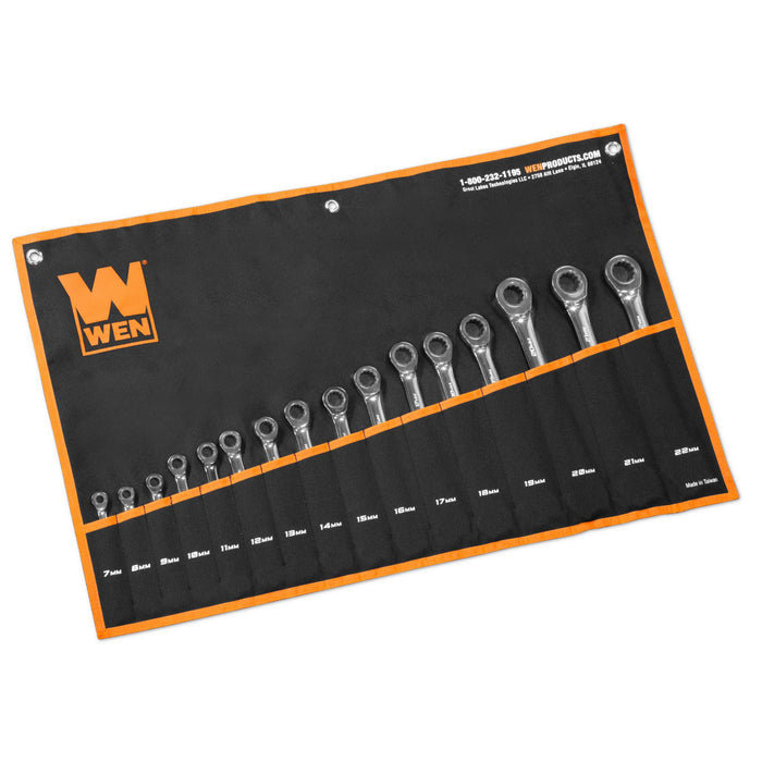 WEN WR161M 16-Piece Professional-Grade Ratcheting Metric Combination Wrench Set with Storage Pouch