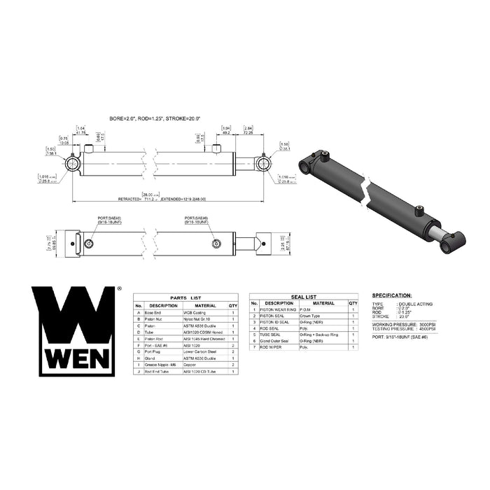 WEN WT2020 Cross Tube Hydraulic Cylinder with 2-inch Bore and 20-inch Stroke