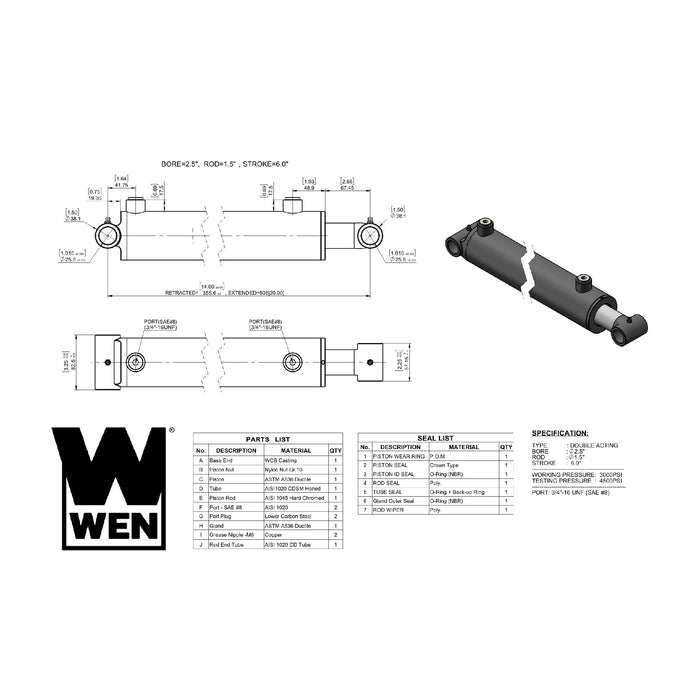 WEN WT2506 Cross Tube Hydraulic Cylinder with 2.5-inch Bore and 6-inch Stroke