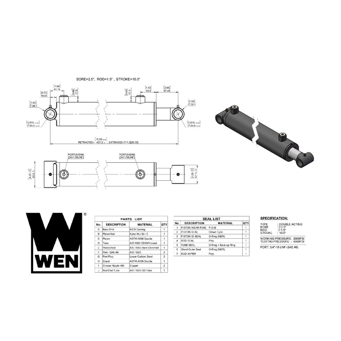 WEN WT2510 Cross Tube Hydraulic Cylinder with 2.5-inch Bore and 10-inch Stroke