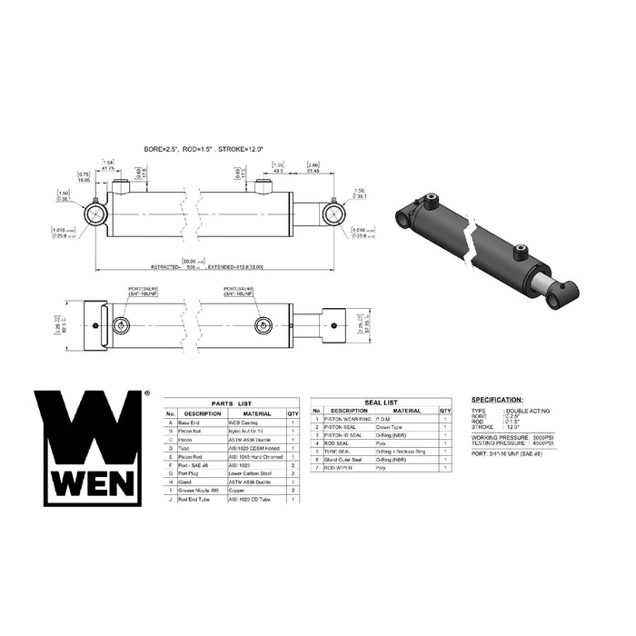 WEN WT2512 Cross Tube Hydraulic Cylinder with 2.5-inch Bore and 12-inch Stroke