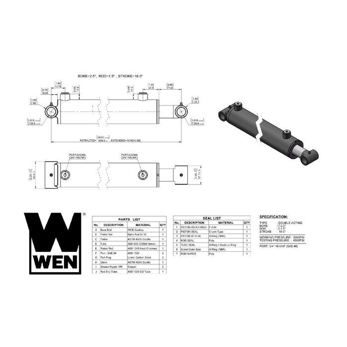 WEN WT2516 Cross Tube Hydraulic Cylinder with 2.5-inch Bore and 16-inch Stroke