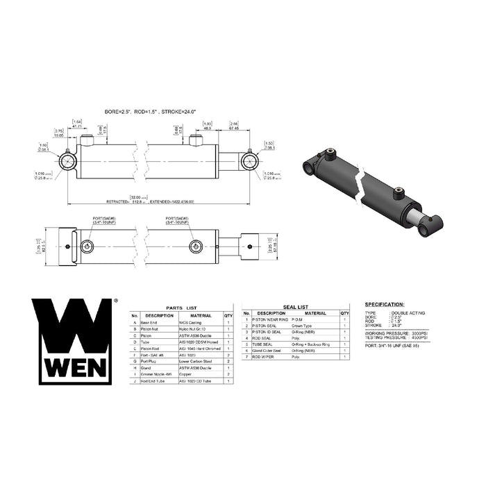 WEN WT2524 Cross Tube Hydraulic Cylinder with 2.5-inch Bore and 24-inch Stroke