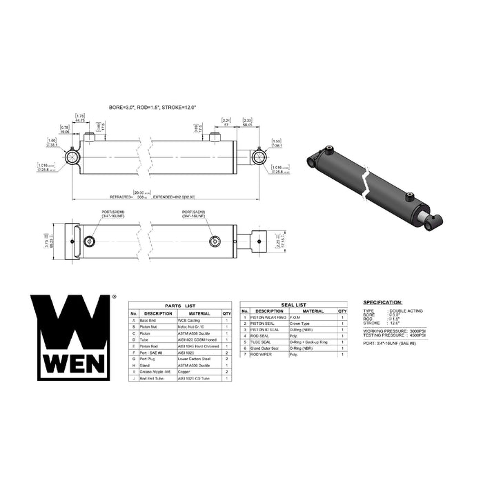 WEN WT3012 Cross Tube Hydraulic Cylinder with 3-inch Bore and 12-inch Stroke
