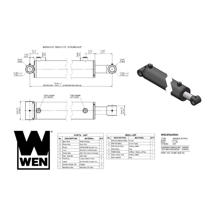 WEN WT3508 Cross Tube Hydraulic Cylinder with 3.5-inch Bore and 8-inch Stroke