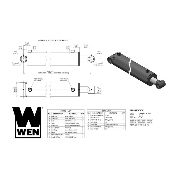WEN WT4008 Cross Tube Hydraulic Cylinder with 4-inch Bore and 8-inch Stroke
