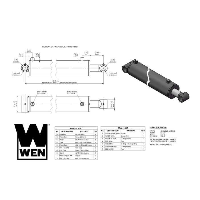 WEN WT4030 Cross Tube Hydraulic Cylinder with 4-inch Bore and 30-inch Stroke